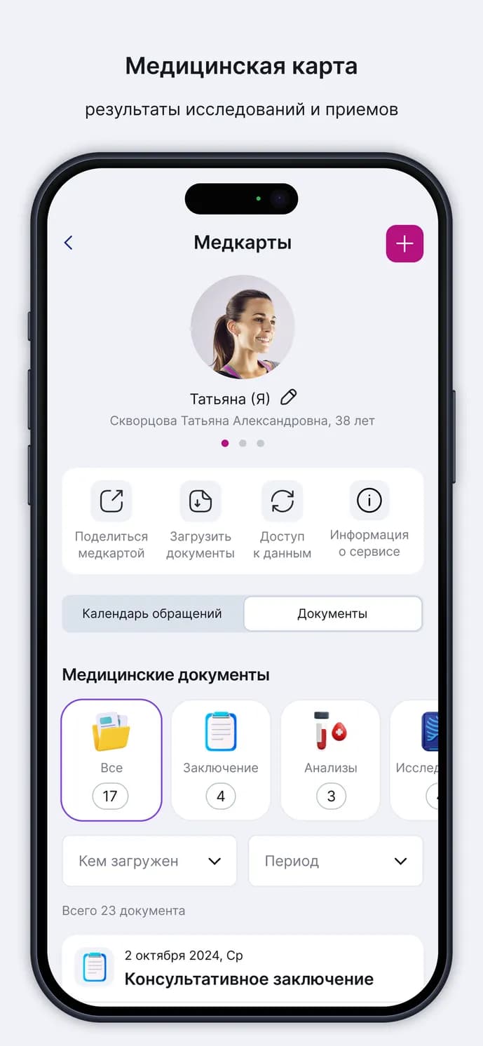 Медицинская карта с результатами исследований и приемов